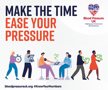 A cartoon of a woman having her blood pressure taken. Above, the text reads "Make the time to ease your pressure"