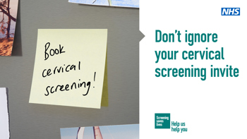 A post-it-note with text reading "Book cervical screening!" Text to the right of that reads "Don't ignore your cervical screening"