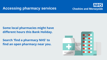 A prescription bottle and a packet of pills. Text reads "Assessing pharmacy services. Some local pharmacies might have different hours this Bank Holiday. Search 'find a pharmacy NHS' to find an open pharmacy near you"