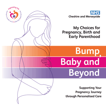 Outline of a pregnant woman set against colorful horizontal bands in orange, pink, and purple. Text reads "My Choices for Pregnancy, Birth and Early Parenthood: Bump, Baby and Beyond. Supporting Your Pregnancy Journey through Personalised Care" by NHS Cheshire and Merseyside.