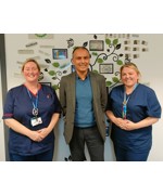 Raj Jain (centre) during the visit to the frailty virtual ward, with Julie Swift, Advanced Nurse Practitioner (left) and Lydia Vallance-Prentice, Clinical Nurse Lead (right)
